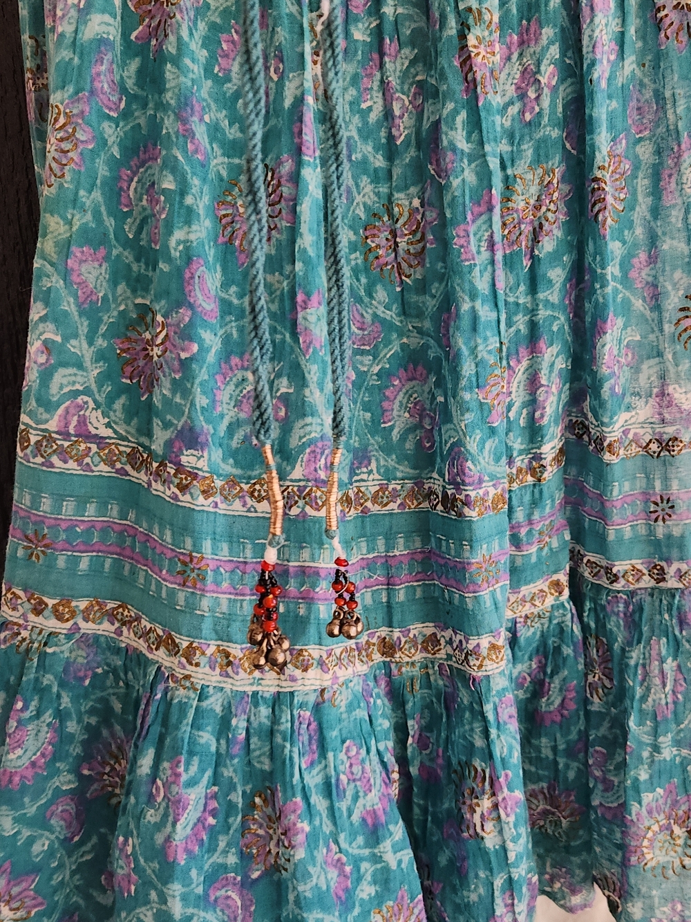 Vintage Guze Boho Teal Floral Maxi Skirt with Drawstring Waist - Picture 2 of 7